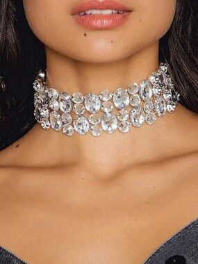 Diamond Ice Crystal Cluster Silver Choker Necklace